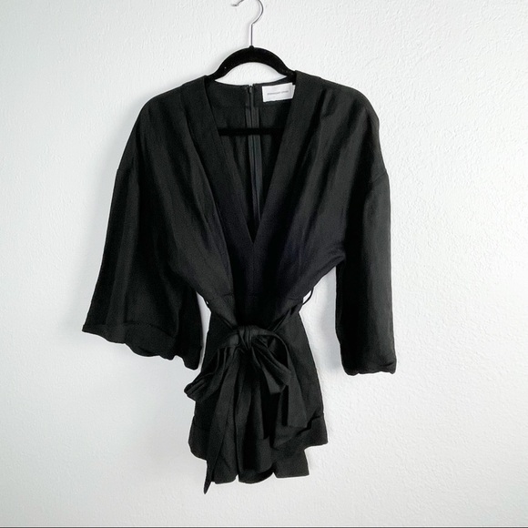 Significant Other Tempo Linen Blend V Neck Kimono Sleeve Romper Solid Black - Picture 2 of 7